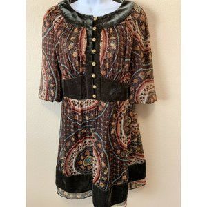THEME ANTHRO Boho Velvet Trim Paisley Print Dress